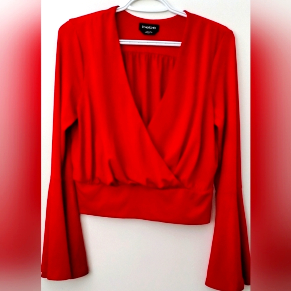Bebe Red Relaxed Wrap Long Sleeve Blouse